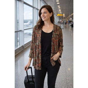 Vtg Cardigan Top Size XL Slinky Stretch Knit Paisley Open Front Travel Vacation